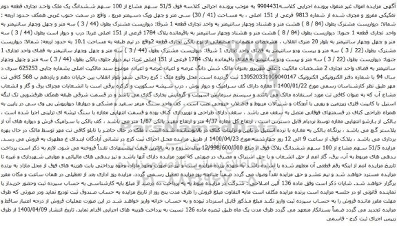 آگهی مزایده ششدانگ یک ملک واحد تجاری قطعه دوم تفکیکی مفروز