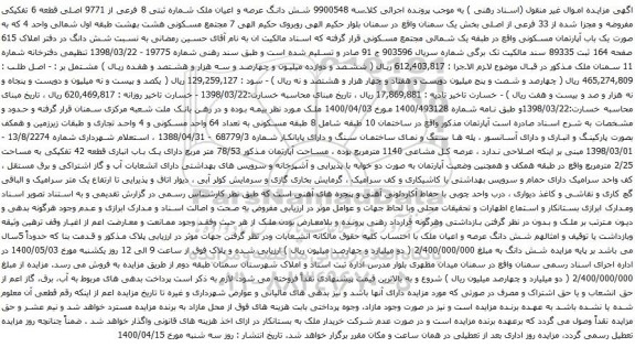 آگهی مزایده شش دانگ عرصه و اعیان ملک شماره ثبتی 8 فرعی از 9771 اصلی قطعه 6 تفکیکی