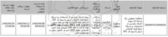 مناقصه عمومی یک مرحله ای پروژه اجرای بخشی از انشعابات و شبکه جمع آوری فاضلاب شهر یاسوج کد 301 