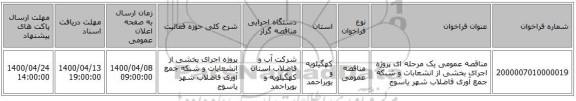مناقصه عمومی یک مرحله ای پروژه اجرای بخشی از انشعابات و شبکه جمع آوری فاضلاب شهر یاسوج 