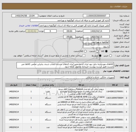 استعلام کالاهای موردنیازبه دلیل نبود ایران کدمشخص ایران کدهای مشابه انتخاب شده. بنابراین تمامی کالاها می بایست طبق لیست پیوست خریداری وتحویل گرفته شود