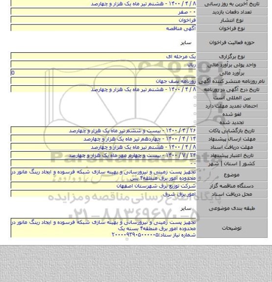 تجهیز پست زمینی و نیرورسانی و بهینه سازی شبکه فرسوده و ایجاد رینگ مانور در محدوده امور برق منطقه۴ بس