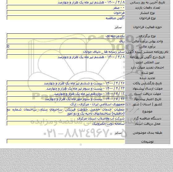 عملیات خدمات حجمی حفاظت فیزیکی ساختمان ستاد، ساختمان شماره دو (حافظیه) ساختمانهای ناحیه یک و دو امور