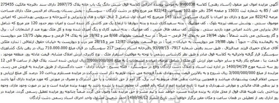 آگهی مزایده شش دانگ یک باب خانه پلاک 2697/75