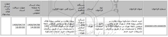 خرید خدمات مشاوره پروژه نظارت بر تمامی پروژه های شهرک ها و نواحی صنعتی تابعه تهران در سالهای 1400 و 1401 با مشخصات زیر از طریق برگزاری تشریفات خرید خدم