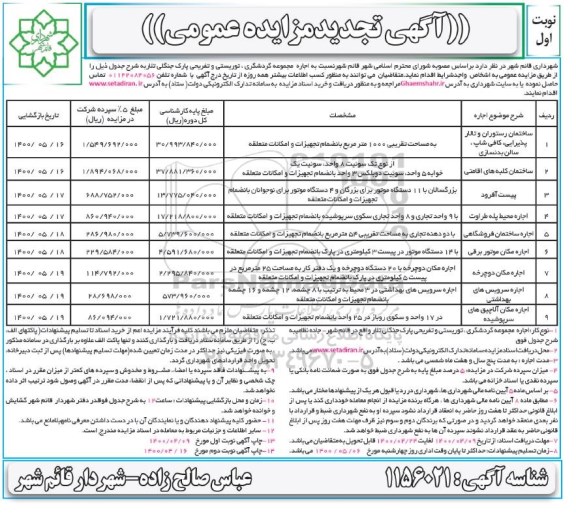 مزایده اجاره مجموعه گردشگری، توریستی و تفریحی پارک - تجدید