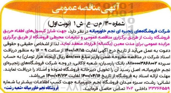 مناقصه شارژ کپسول های اطفاء حریق فروشگاه