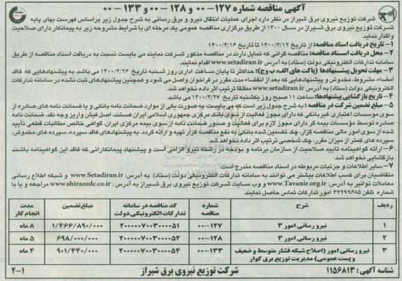 مناقصه، مناقصه اجرای عملیات انتقال نیرو و برق رسانی