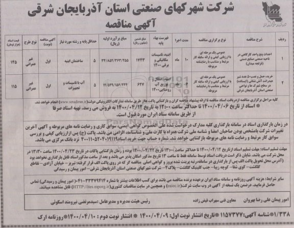 مناقصه، مناقصه احداث پنج واحد کارگاهی