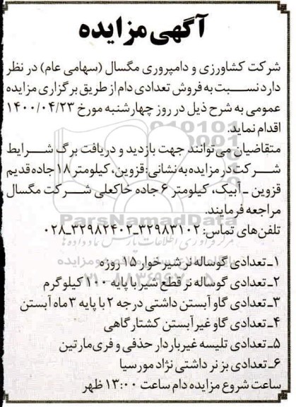 مزایده , مزایده فروش تعدادی دام