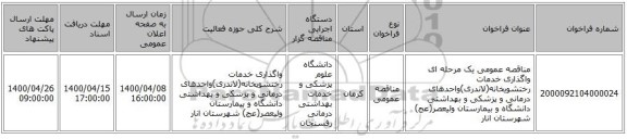 مناقصه عمومی یک مرحله ای واگذاری خدمات رختشویخانه(لاندری)واحدهای درمانی و پزشکی و بهداشتی دانشگاه و بیمارستان ولیعصر(عج) شهرستان انار