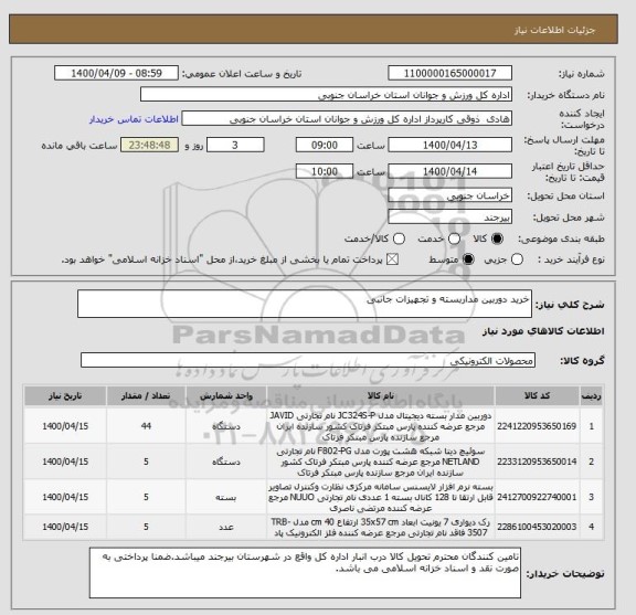 استعلام خرید دوربین مداربسته و تجهیزات جانبی