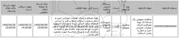 مناقصه عمومی یک مرحله ای تهیه مصالح و اجرای عملیات عمرانی خرید و حمل و پخش آسفالت