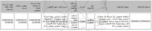 مناقصه عمومی یک مرحله ای عملیات اجرایی پروژه احداث ، نصب تجهیزات ، راه اندازی و بهره برداری آزمایشی از فاز سوم تصفیه خانه فاضلاب شهرک صنعتی بوعلی به ظ