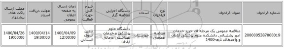 مناقصه عمومی یک مرحله ای خرید خدمات امور پشتیبانی دانشکده علوم پزشکی آبادان و واحدهای تابعه1400