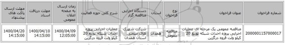 مناقصه عمومی یک مرحله ای عملیات اجرایی پروژه احداث شبکه توزیع 20 کیلو ولت قروه درگزین  