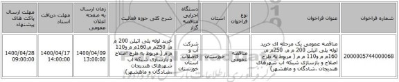 مناقصه عمومی یک مرحله ای خرید لوله پلی اتیلن 200 م م، 250م م،160م م و110 م م ( مربوط به طرح اصلاح و بازسازی شبکه آب شهرهای هندیجان ،شادگان و ماهشهر)