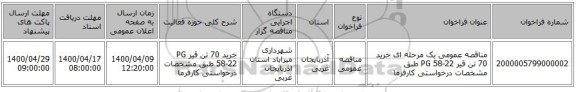 مناقصه عمومی یک مرحله ای خرید 70 تن قیر PG 58-22  طبق مشخصات درخواستی کارفرما 