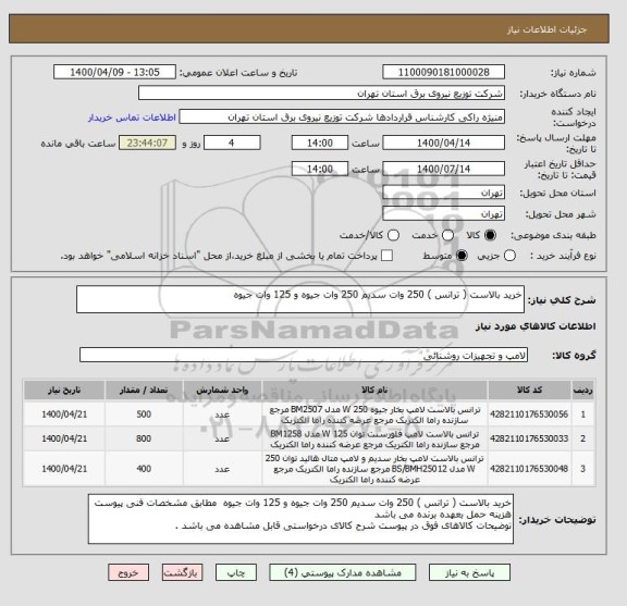 استعلام خرید بالاست ( ترانس ) 250 وات سدیم 250 وات جیوه و 125 وات جیوه 