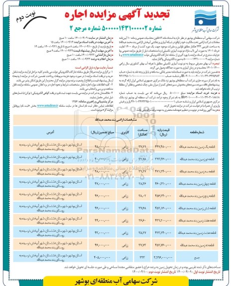 مزایده عمومی، تجدید مزایده عمومی اجاره اراضی - نوبت دوم