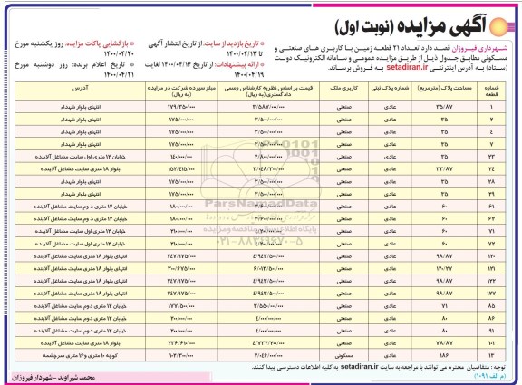 مزایده مزایده فروش 21 قطعه زمین با کاربری های صنعتی و مسکونی نوبت اول 