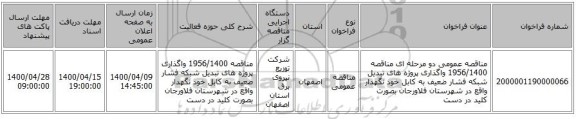 مناقصه عمومی دو مرحله ای مناقصه 1956/1400 واگذاری پروژه های تبدیل شبکه فشار ضعیف به کابل خود نگهدار واقع در شهرستان فلاورجان بصورت کلید در دست