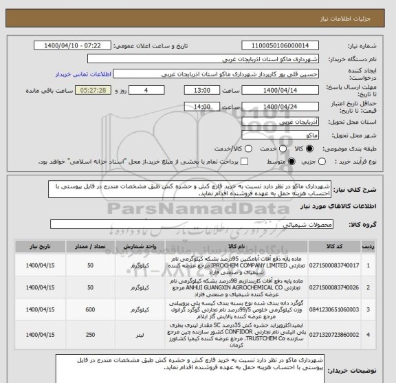 استعلام شهرداری ماکو در نظر دارد نسبت به خرید قارچ کش و حشره کش طبق مشخصات مندرج در فایل پیوستی با احتساب هزینه حمل به عهده فروشنده اقدام نماید.