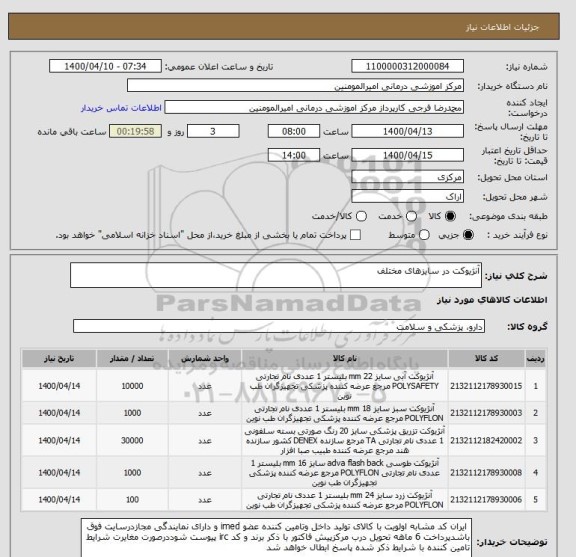 استعلام آنژیوکت در سایزهای مختلف