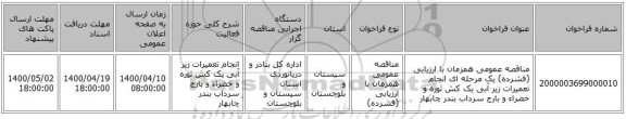 مناقصه عمومی همزمان با ارزیابی (فشرده) یک مرحله ای انجام تعمیرات زیر  آبی یک کش ثوره و خضراء و بارج سرداب بندر چابهار 