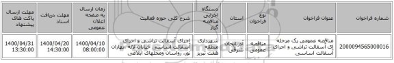 مناقصه عمومی یک مرحله ای آسفالت تراشی و اجرای آسفالت اساسی