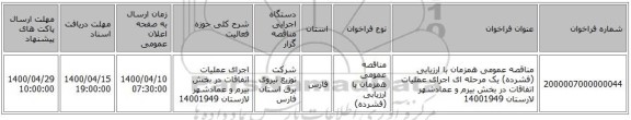 مناقصه عمومی همزمان با ارزیابی (فشرده) یک مرحله ای اجرای عملیات اتفاقات در بخش بیرم و عمادشهر لارستان 14001949