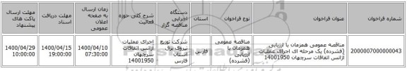 مناقصه عمومی همزمان با ارزیابی (فشرده) یک مرحله ای اجرای عملیات آژانس اتفاقات سرچهان 14001950