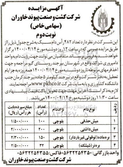مزایده،مزایده فروش تعداد 482 راس دام سبک 