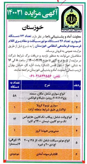 مزایده تعداد 73 دستگاه خودرو ، تعداد 26 دستگاه موتورسیکلت