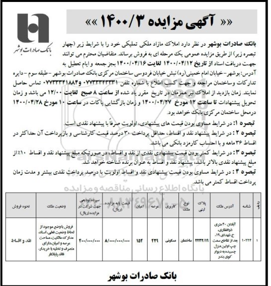 آگهی مزایده مزایده فروش املاک مازاد ملکی تملیکی