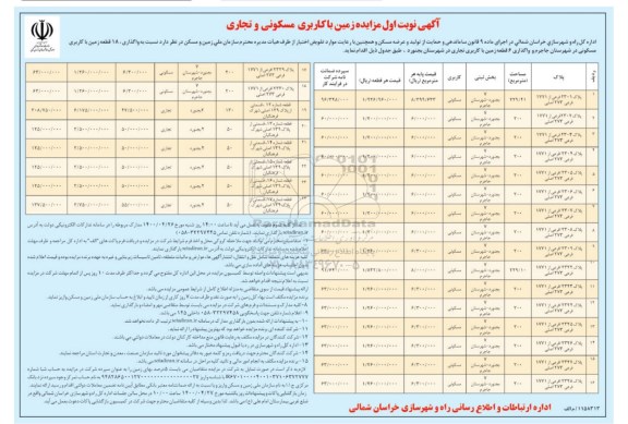 مزایده زمین با کاربری مسکونی و تجاری