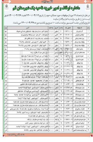 مزایده تعداد 29 مورد از موقوفات