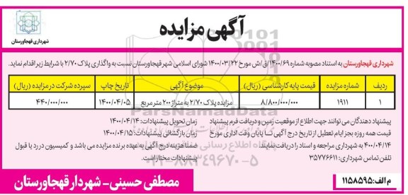 مزایده، آگهی مزایده واگذاری پلاک 2.70