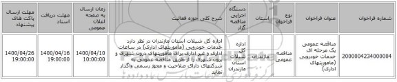 مناقصه عمومی یک مرحله ای خدمات خودرویی (ماموریتهای اداری)