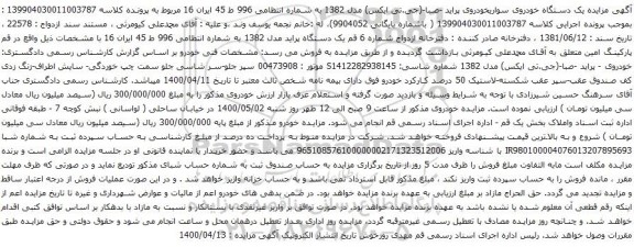 آگهی مزایده یک دستگاه خودروی سواری خودروی پراید