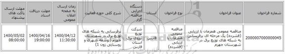 مناقصه عمومی همزمان با ارزیابی (فشرده) یک مرحله ای برقرسانی به شبکه های توزیع برق در شهرستان جهرم 