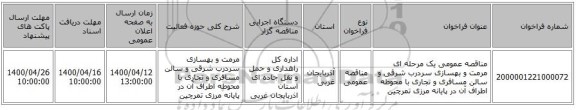 مناقصه عمومی یک مرحله ای مرمت و بهسازی سردرب شرقی و سالن مسافری و تجاری با محوطه اطراف آن در پایانه مرزی تمرچین
