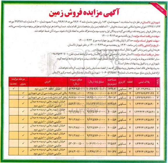 مزایده مزایده فروش 10 قطعه زمین مسکونی نوبت دوم