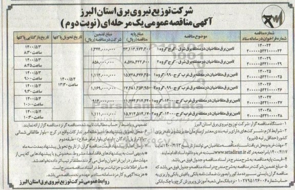  مناقصه، مناقصه تامین برق متقاضیان ...  نوبت دوم