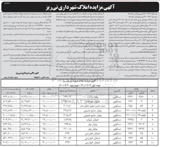 مزایده مزایده فروش املاک کاربری مسکونی نوبت اول 