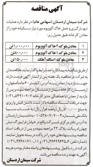 مناقصه عملیات دپو ، بارگیری و حمل خاک آلوویوم