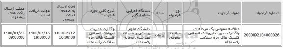 مناقصه عمومی یک مرحله ای  واگذاری مدیریت نیروهای انسانی کلینیک های ویژه سلامت رفسنجان 