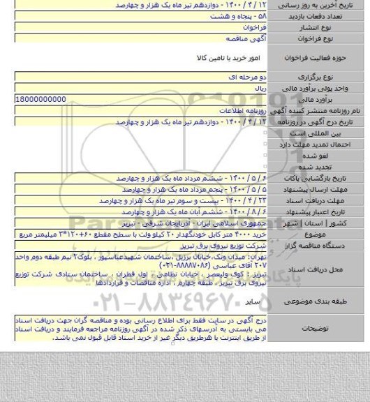 خرید ۴۰۰۰ متر کابل خودنگهدار ۲۰ کیلو ولت با سطح مقطع ۶۰+۱۲۰*۳ میلیمتر مربع