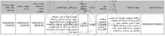مناقصه عمومی همزمان با ارزیابی (فشرده) یک مرحله ای عملیات تهیه و تامین مصالح، حمل، ساخت و نصب و اجرای کامل عملیات رشته های ابنیه، برق، مکانیک زیر ساخت ساختمان