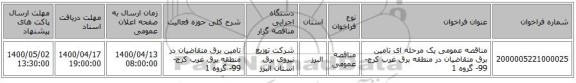 مناقصه عمومی یک مرحله ای تامین برق متقاضیان در منطقه برق غرب کرج-99- گروه 1